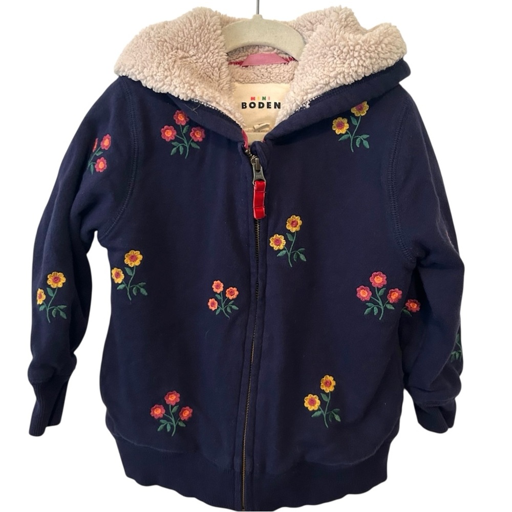 Mini Boden Kid's Navy Floral Embroidered Fleece Lined Hoodie‎ in Size 4-5Y